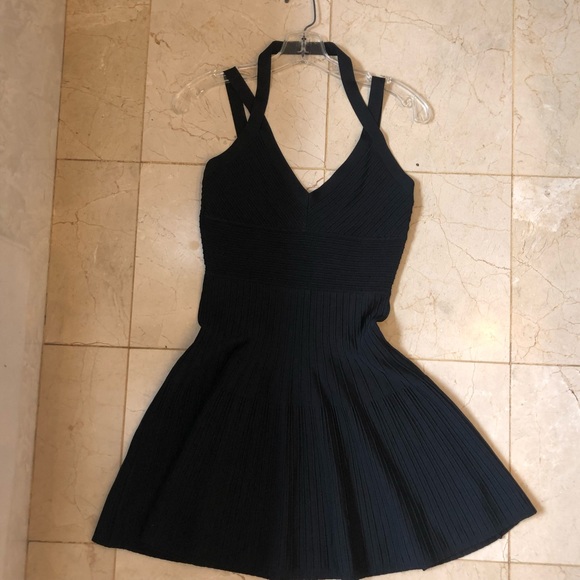BCBGMaxAzria cocktail dress black ribbed mini full skirt, straps, Sz S, Elegant! - Picture 13 of 16